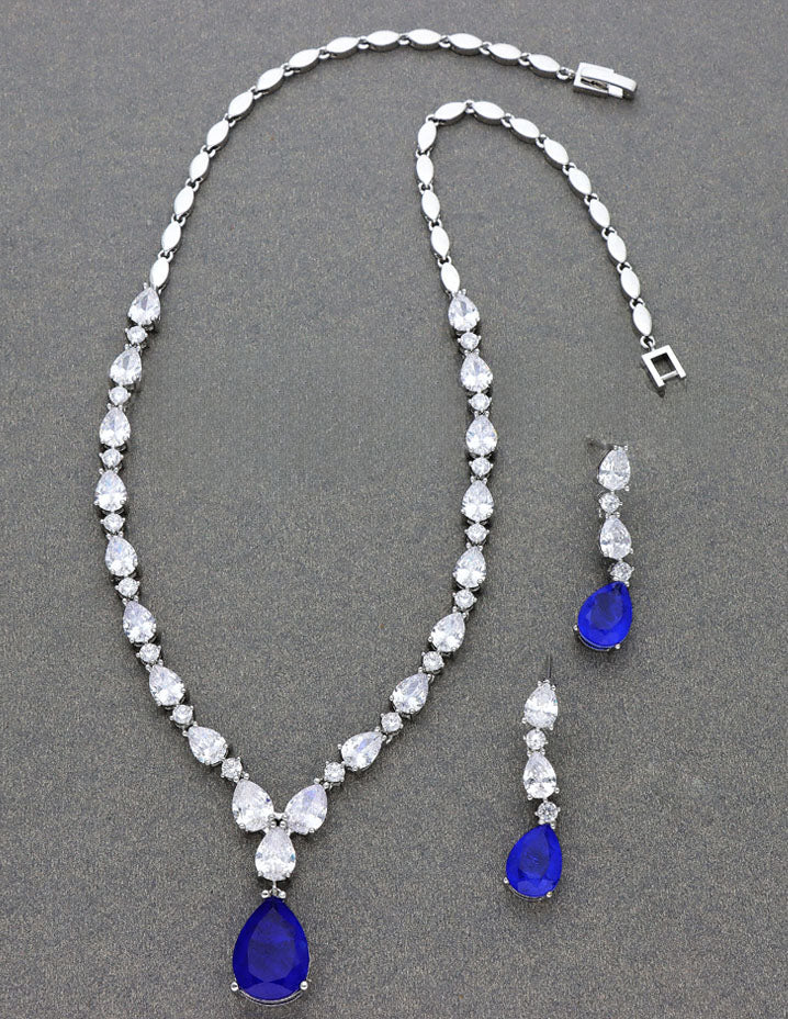Rhodium Polish Blue Stone Necklace Set