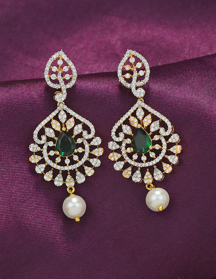 Designer Zirconia Emerald Grace Pearl Drop Earrings