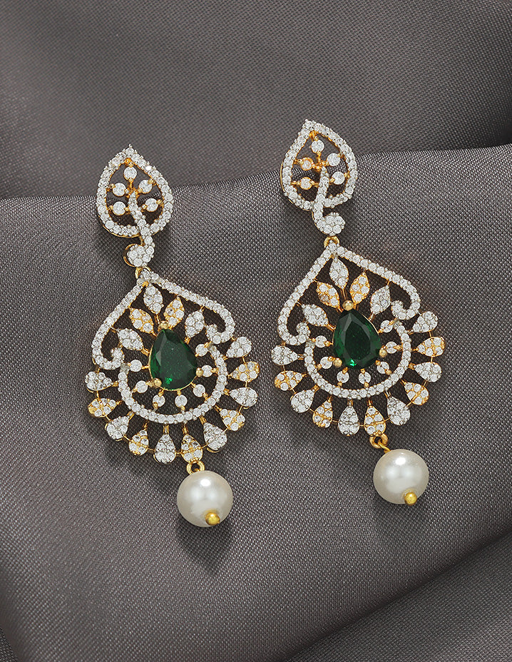 Designer Zirconia Emerald Grace Pearl Drop Earrings