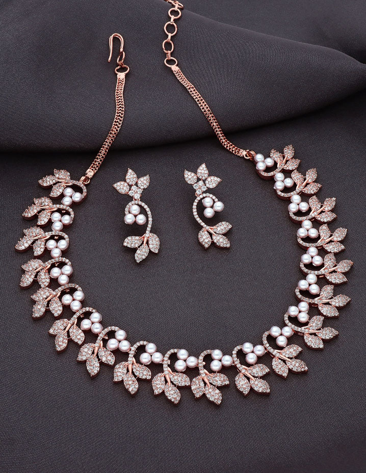 Rose Gold Polish Pearls Zirconia Necklace Set