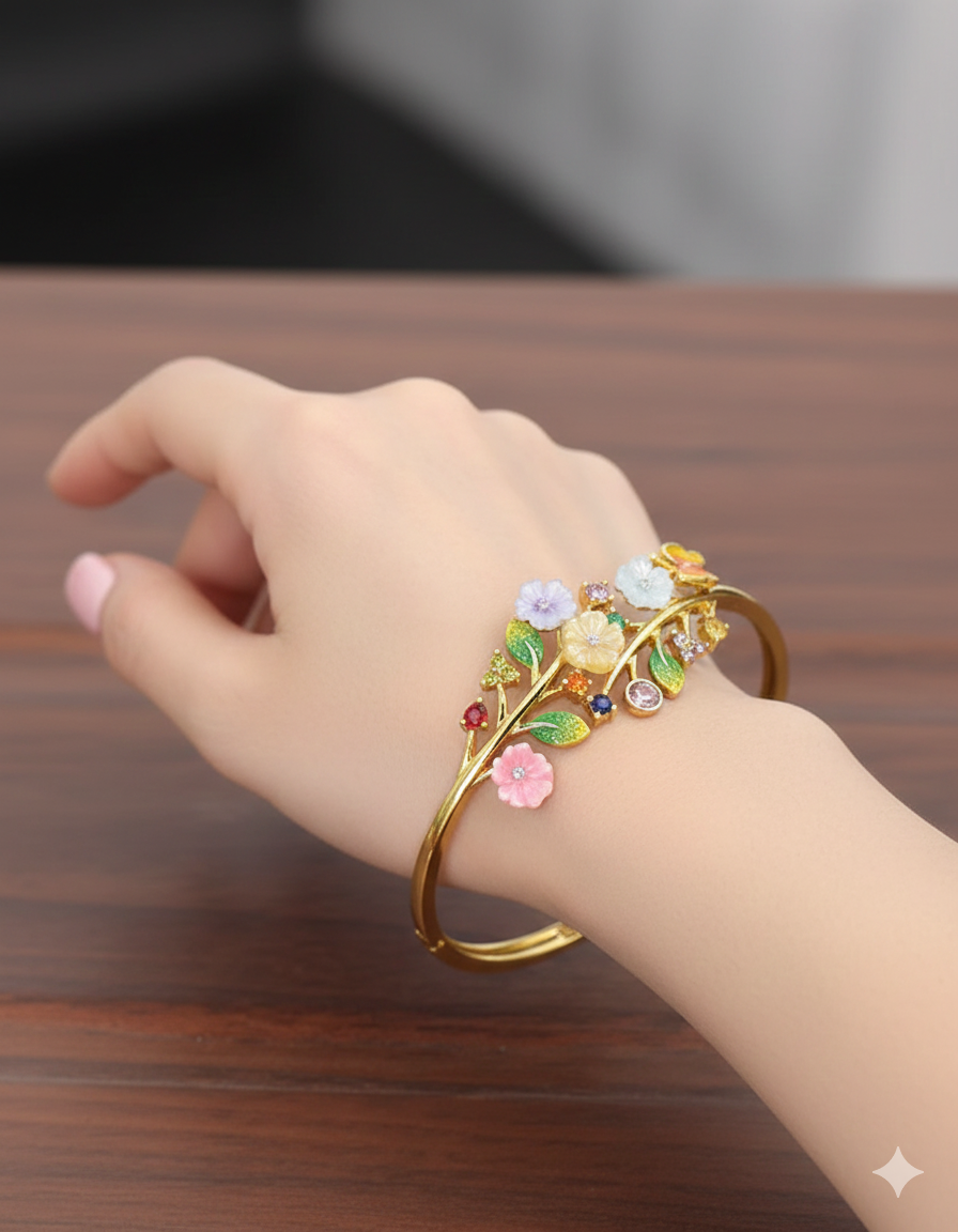 Designer Zirconia Gold Polish Floral Bracelet