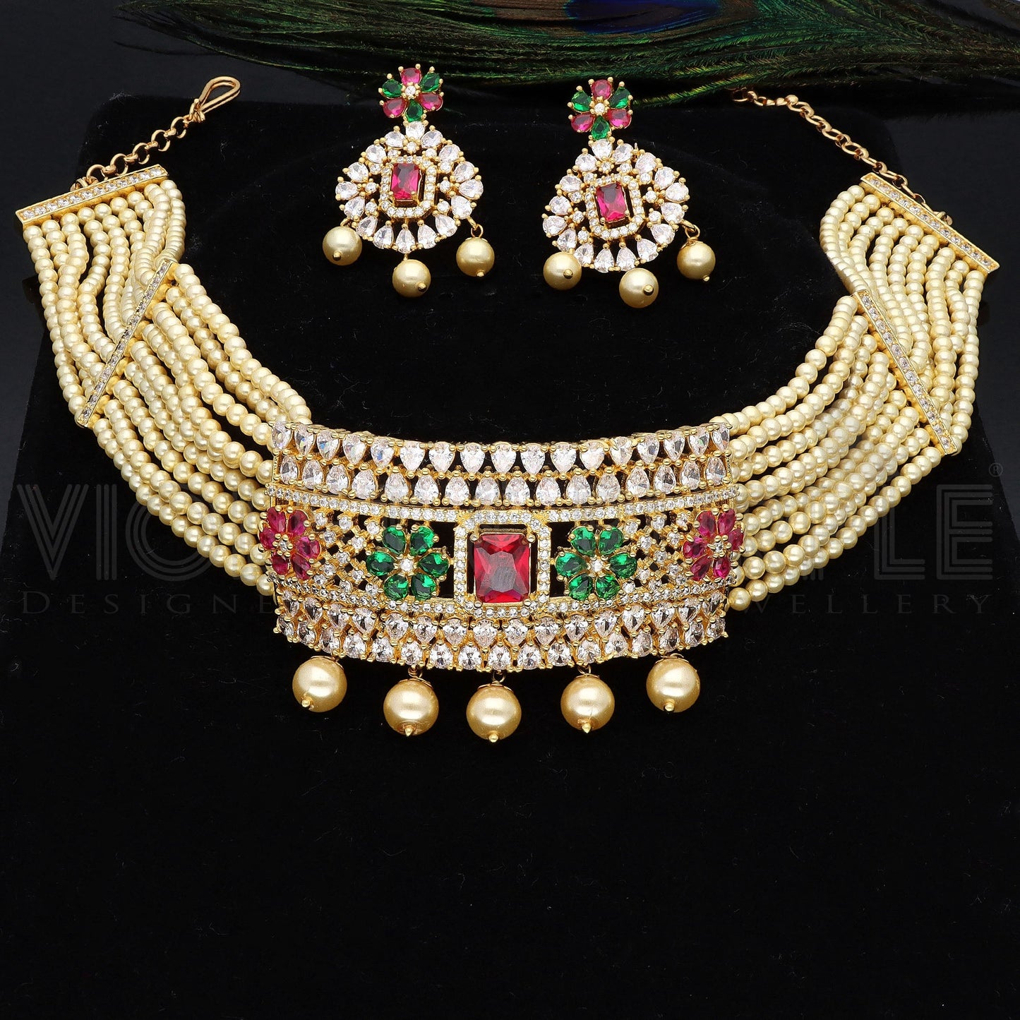 Designer Pearl Zirconia Gold Choker Set