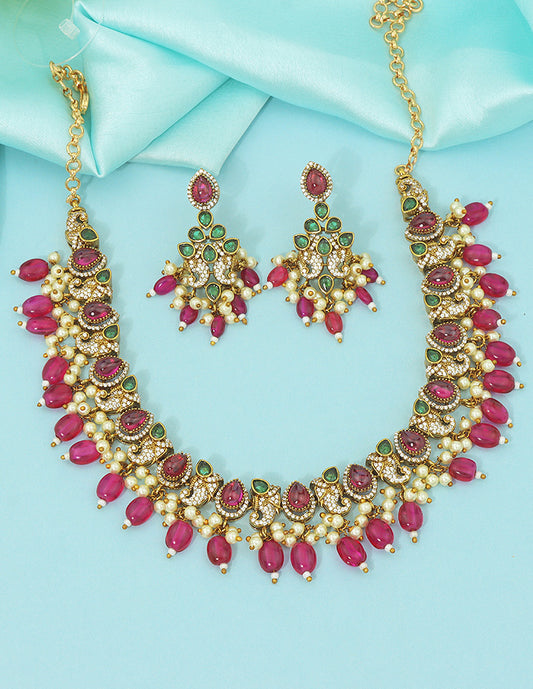 Designer Zirconia Royal Ruby and Emerald Beads Necklace Set