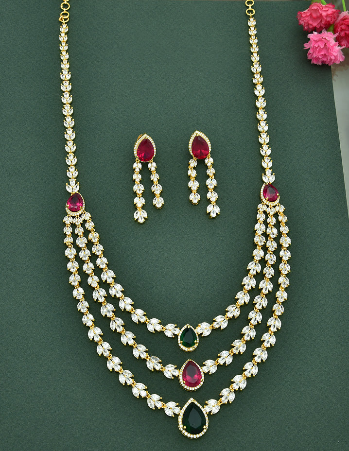 Designer Gold Plated Zirconia 3 Layered Long Haaram