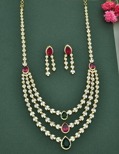 Designer Gold Plated Zirconia 3 Layered Long Haaram