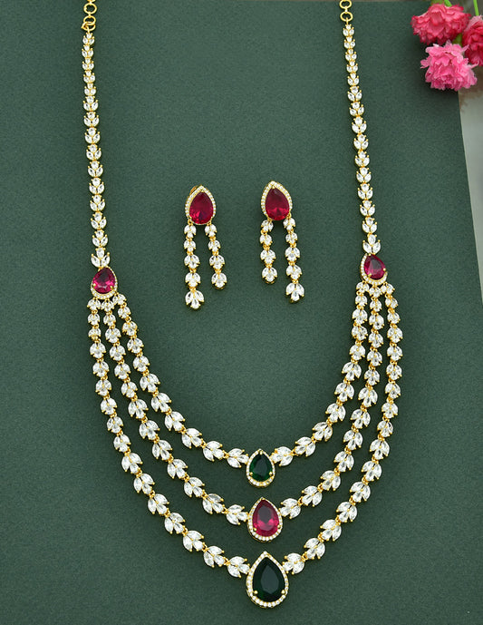 Designer Gold Plated Zirconia 3 Layered Long Haaram