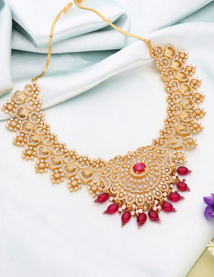 Designer Gold Plated Zirconia Necklace With Ruby Beads