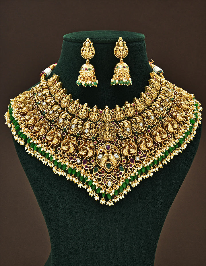 Designer Antique Lakshmi Devi Kempu Grand Peacock Choker Set