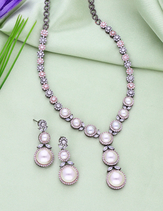 Designer BlackRose Plated Zirconia Pearl Necklace Set