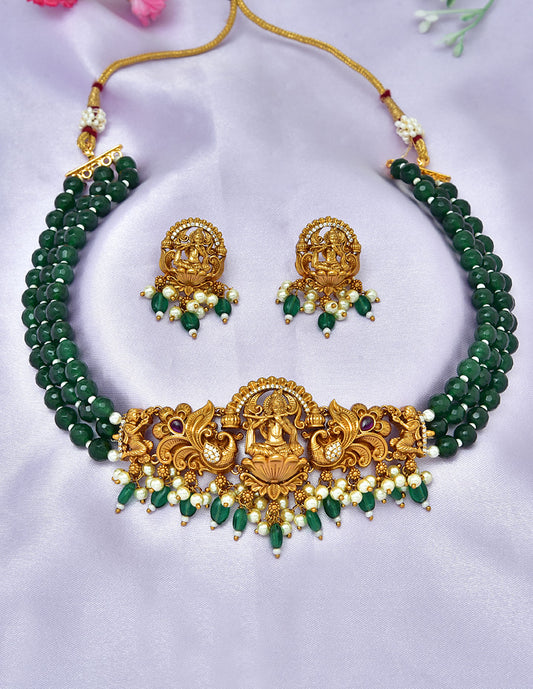 Designer Lakshmi Devi Green Beads Choker Set