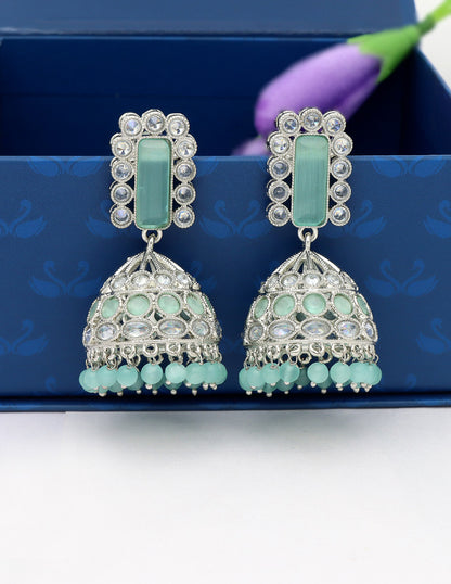 Designer Rhodium Polish Mint green Color Fancy Earrings