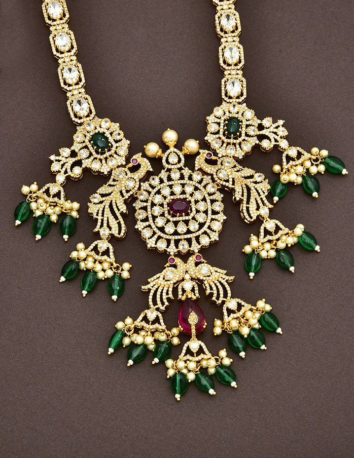 Zirconia Necklace Set With Green Beads