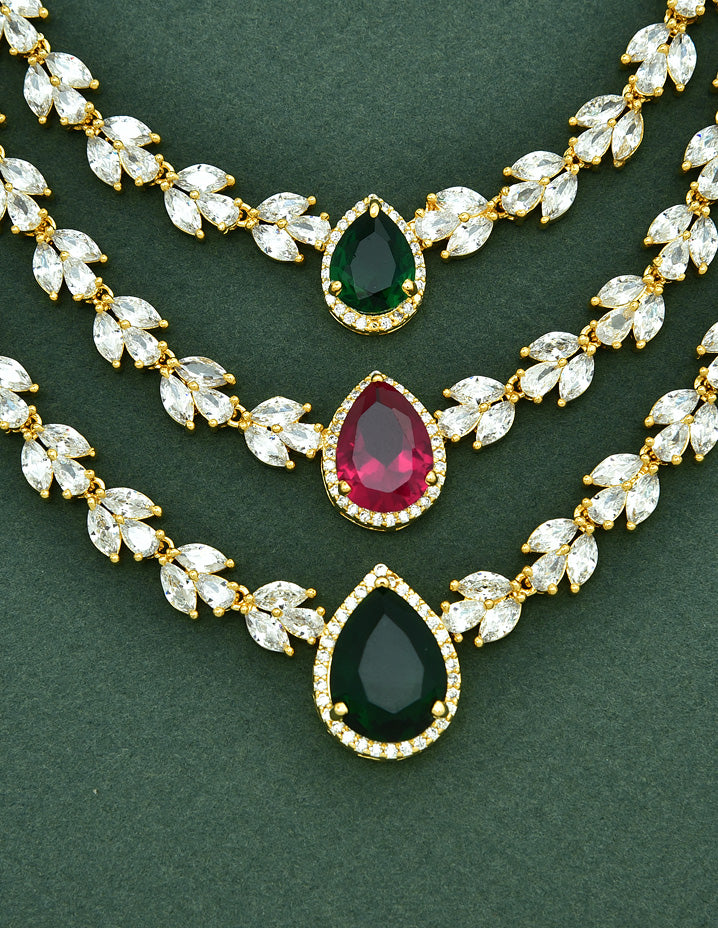 Designer Gold Plated Zirconia 3 Layered Long Haaram