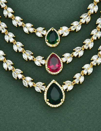 Designer Gold Plated Zirconia 3 Layered Long Haaram
