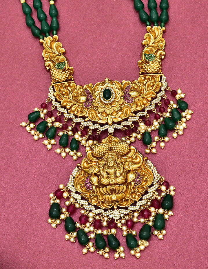 Multilayered Gold Polish Temple Design Beads Long Haram