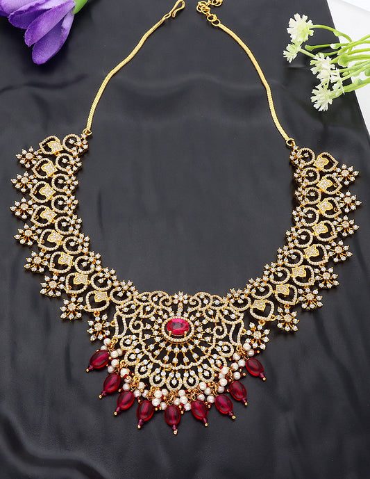 Designer Gold Plated Zirconia Necklace With Ruby Beads