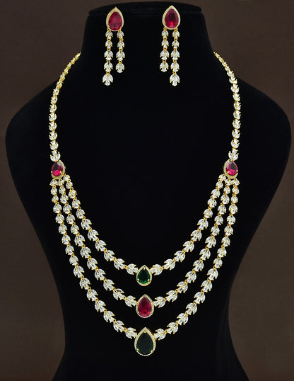 Designer Gold Plated Zirconia 3 Layered Long Haaram