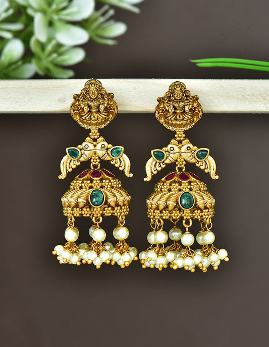 Designer Antique Lakshmi Devi Kempu Jhumka Earrings