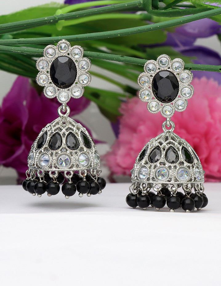 Designer Rhodium Polish Black Color Fancy Jhumka Earrings
