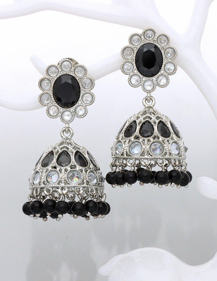 Designer Rhodium Polish Black Color Fancy Jhumka Earrings