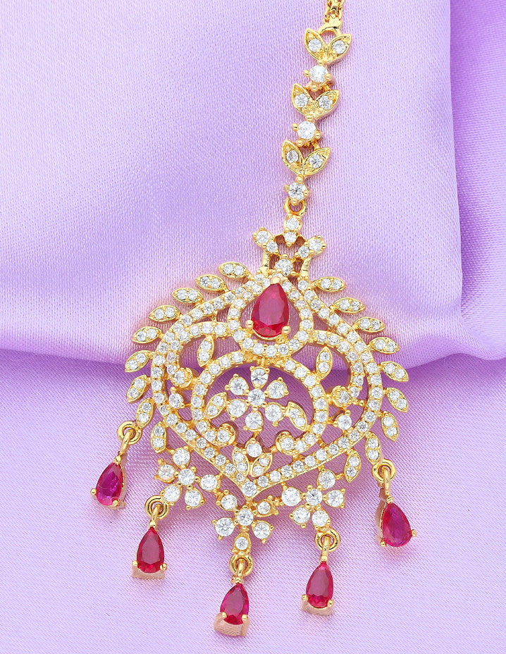 Designer Gold Polish Zirconia Maang Tikka – Violet Purple