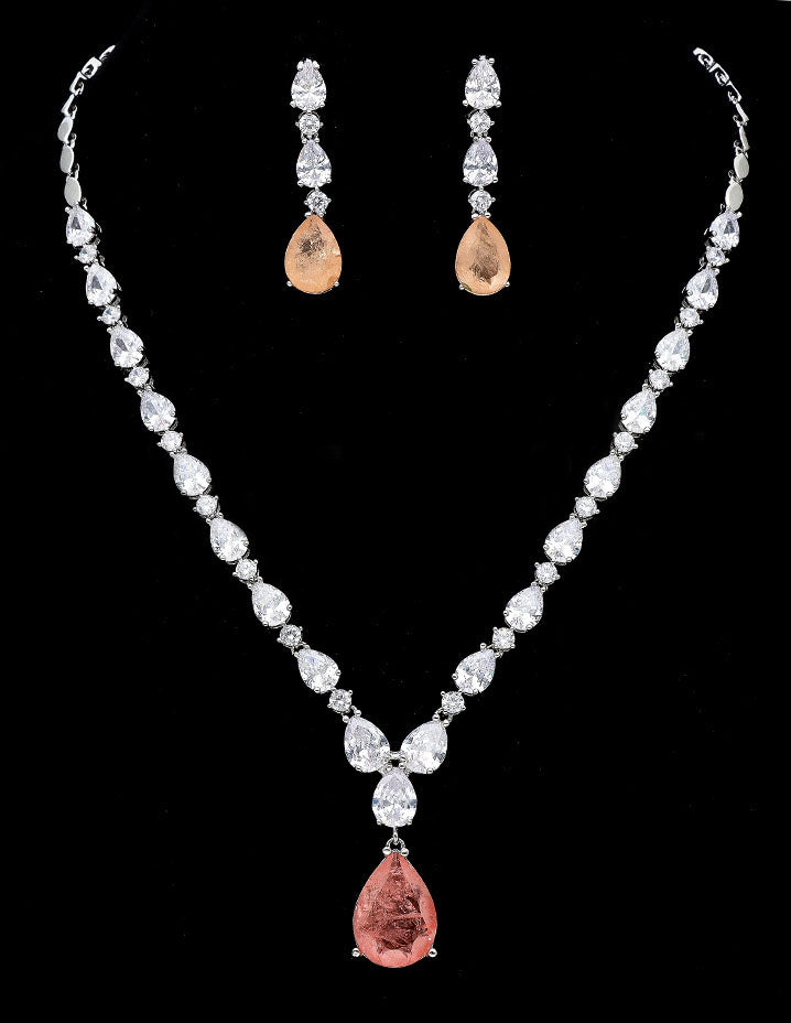 Rhodium Polish Orange Color Stone Necklace Set