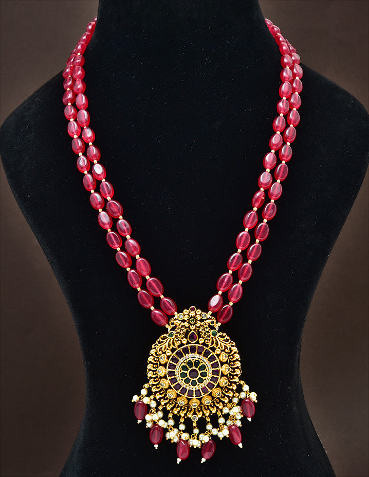 Floral Designer Pendant with 2 Layered Beads Long Haaram