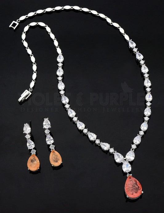 Rhodium Polish Orange Color Stone Necklace Set