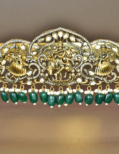 Zirconia Victorian RadhaKrishna Belt Vaddanam With Green Beads