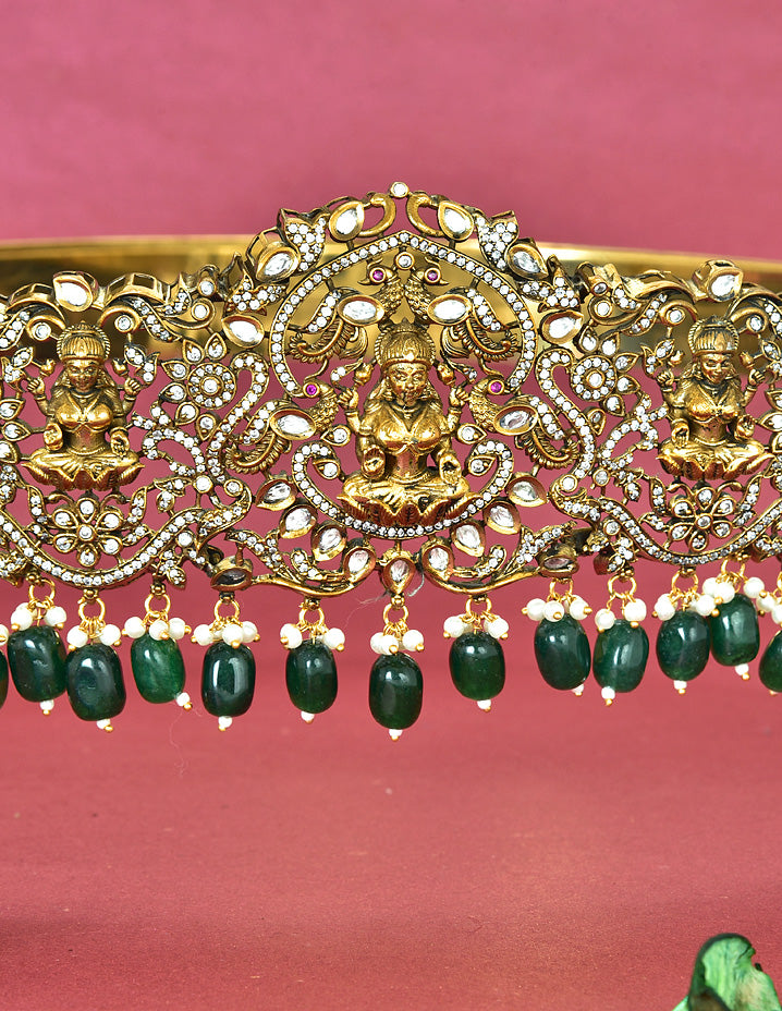 Zirconia Victorian Lakshmi Devi Belt Vaddanam With Green Beads