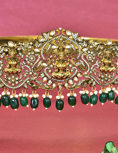 Zirconia Victorian Lakshmi Devi Belt Vaddanam With Green Beads