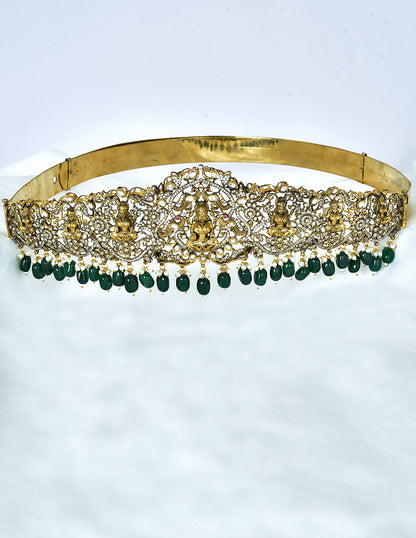 Zirconia Victorian Lakshmi Devi Belt Vaddanam With Green Beads