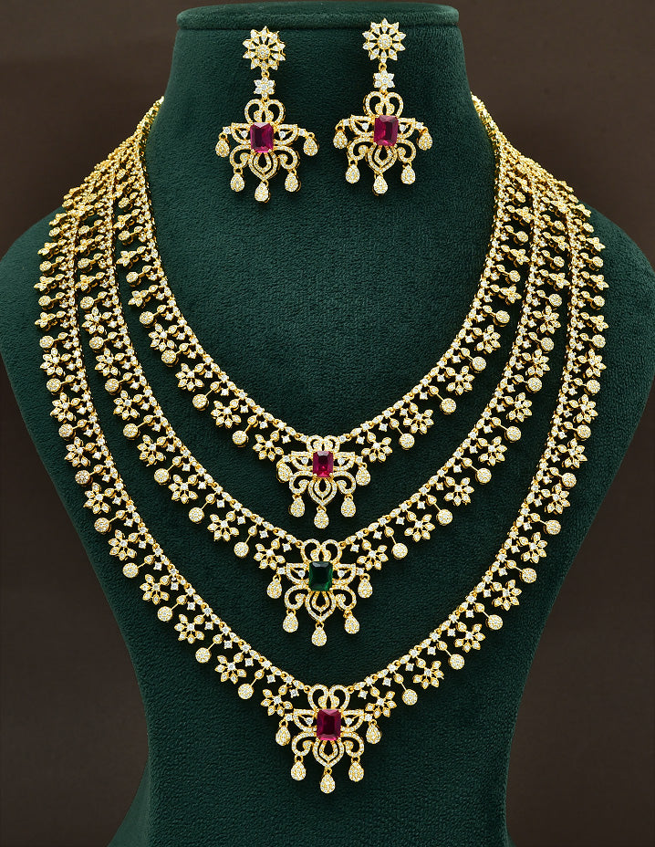 Designer Gold Plated Zirconia 3 Layered Long Haaram