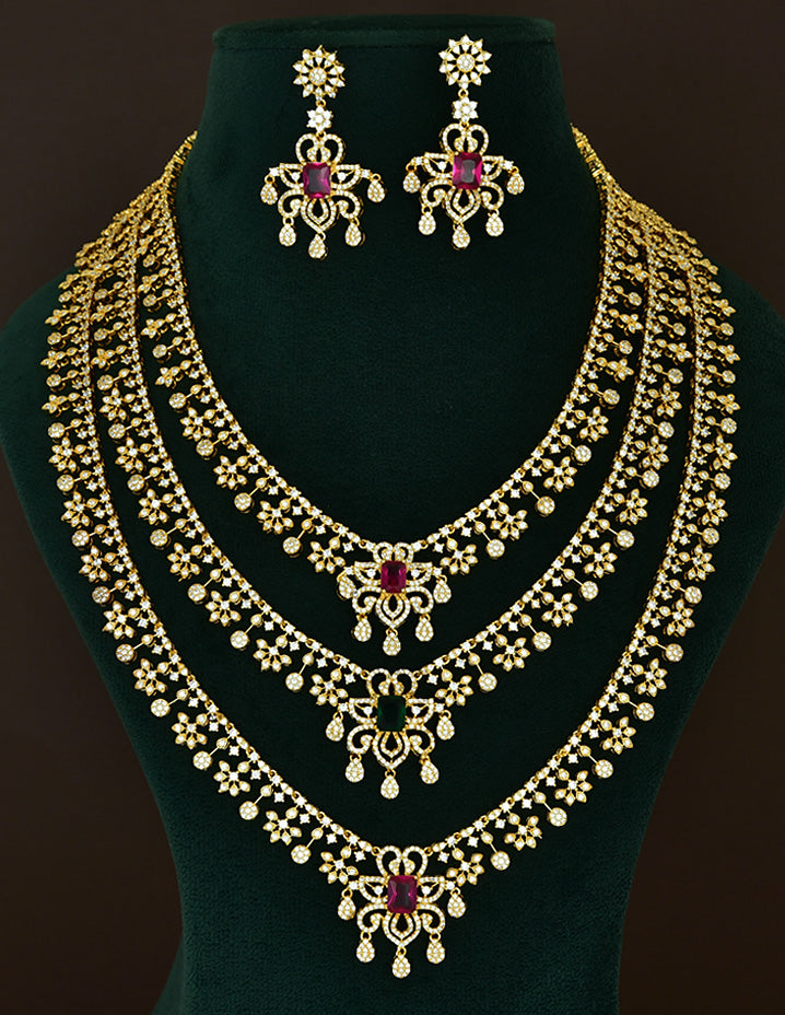 Designer Gold Plated Zirconia 3 Layered Long Haaram
