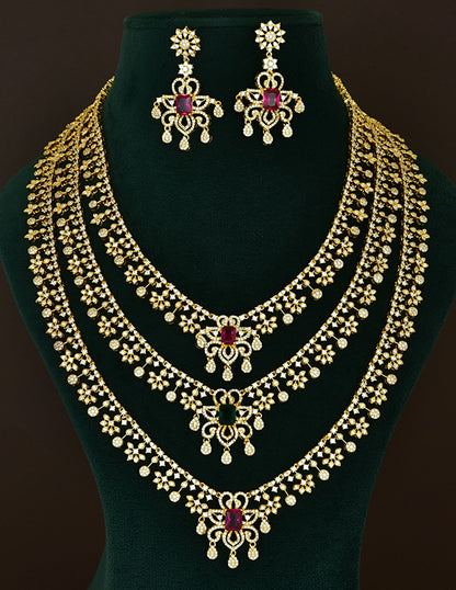 Designer Gold Plated Zirconia 3 Layered Long Haaram