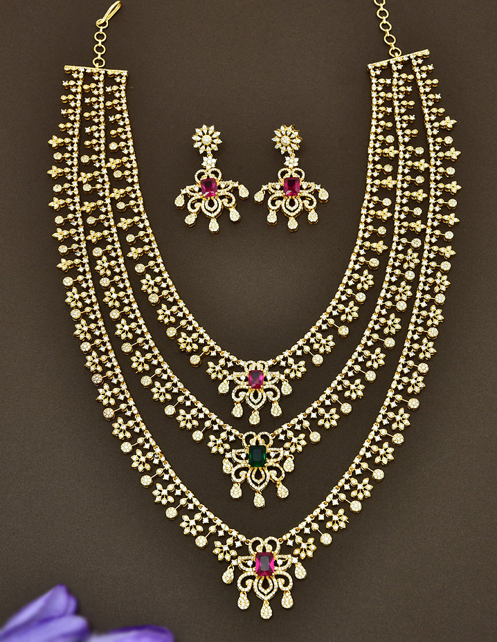 Designer Gold Plated Zirconia 3 Layered Long Haaram