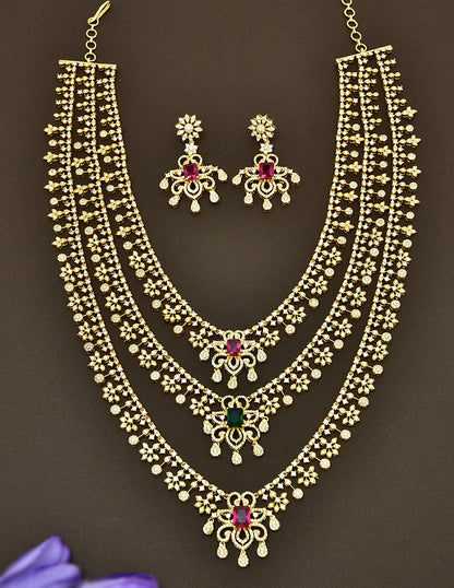 Designer Gold Plated Zirconia 3 Layered Long Haaram