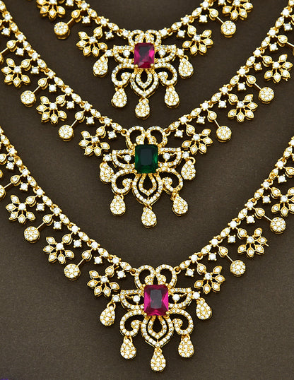 Designer Gold Plated Zirconia 3 Layered Long Haaram