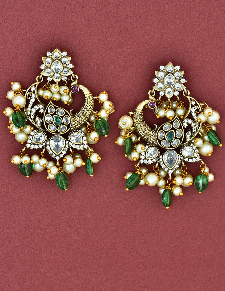 Designer Victorian ChandBali Earrings With Green Beads