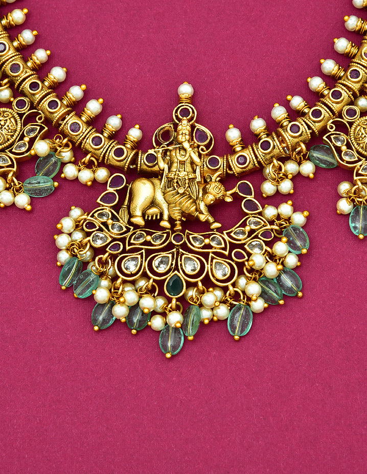 Designer Guttapusalu Necklace Set With Lord Krishna