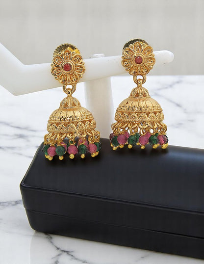 Designer Ruby and Emerald Jhumka Earrings