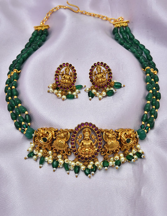 Designer Matt Lakshmi Devi Green Beads Choker Set
