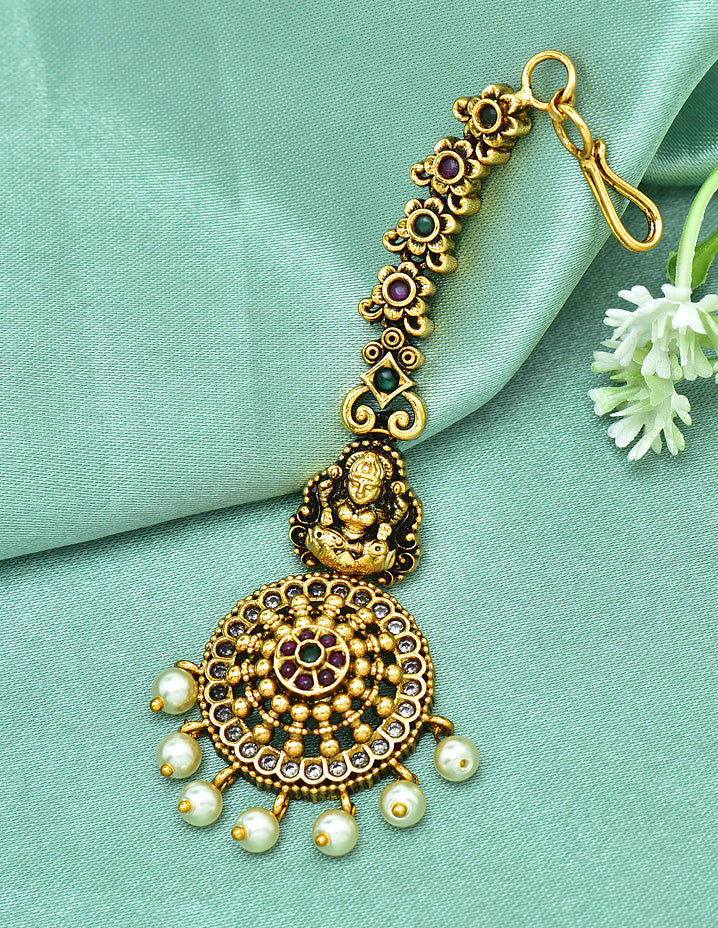 Designer Antique Lakshmi Devi Floral Maang Tikka