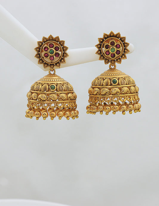 Designer Kempu Ruby and Emerald Jhumka Earrings