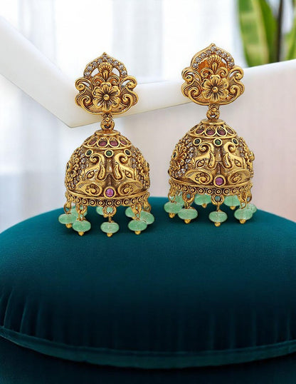 Designer Kempu Ruby and White Jhumka Earrings