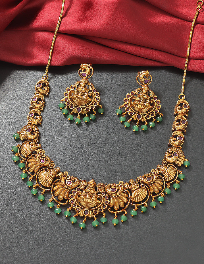 Designer Elegant Lakshmi Devi Matt Kempu Necklace Set
