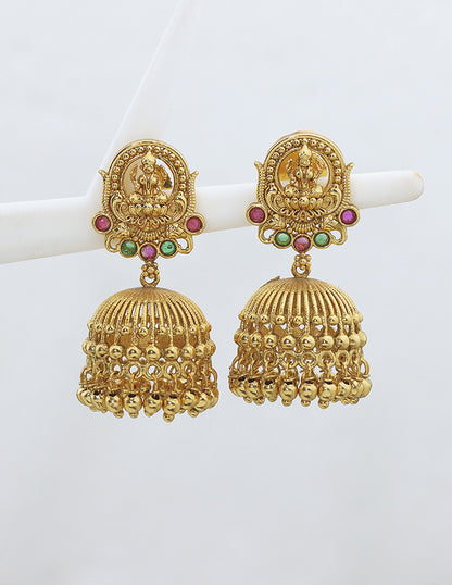 Designer Lakshmi Devi Ruby and Emerald Jhumka Earrings