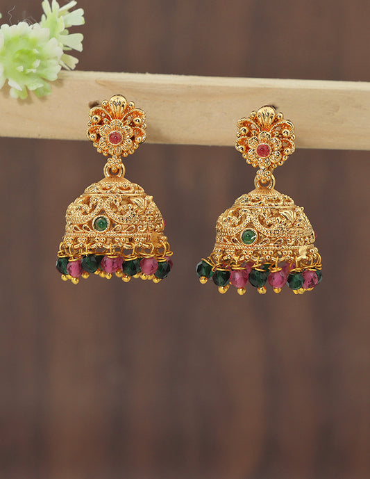 Designer Ruby and Emerald Jhumka Earrings