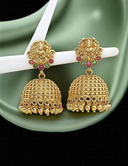 Designer Lakshmi Devi Ruby and Emerald Jhumka Earrings