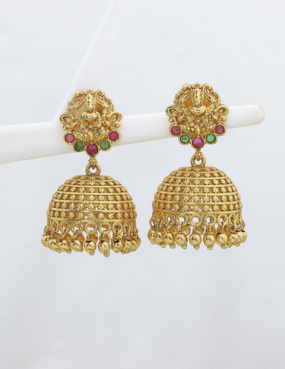 Designer Lakshmi Devi Ruby and Emerald Jhumka Earrings